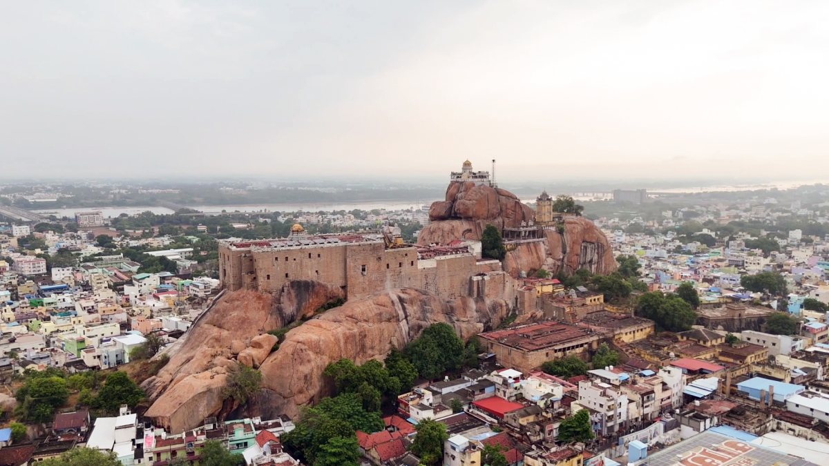 Drone view of 7th century Ucchi Pillayar Temple in Trichirappalli