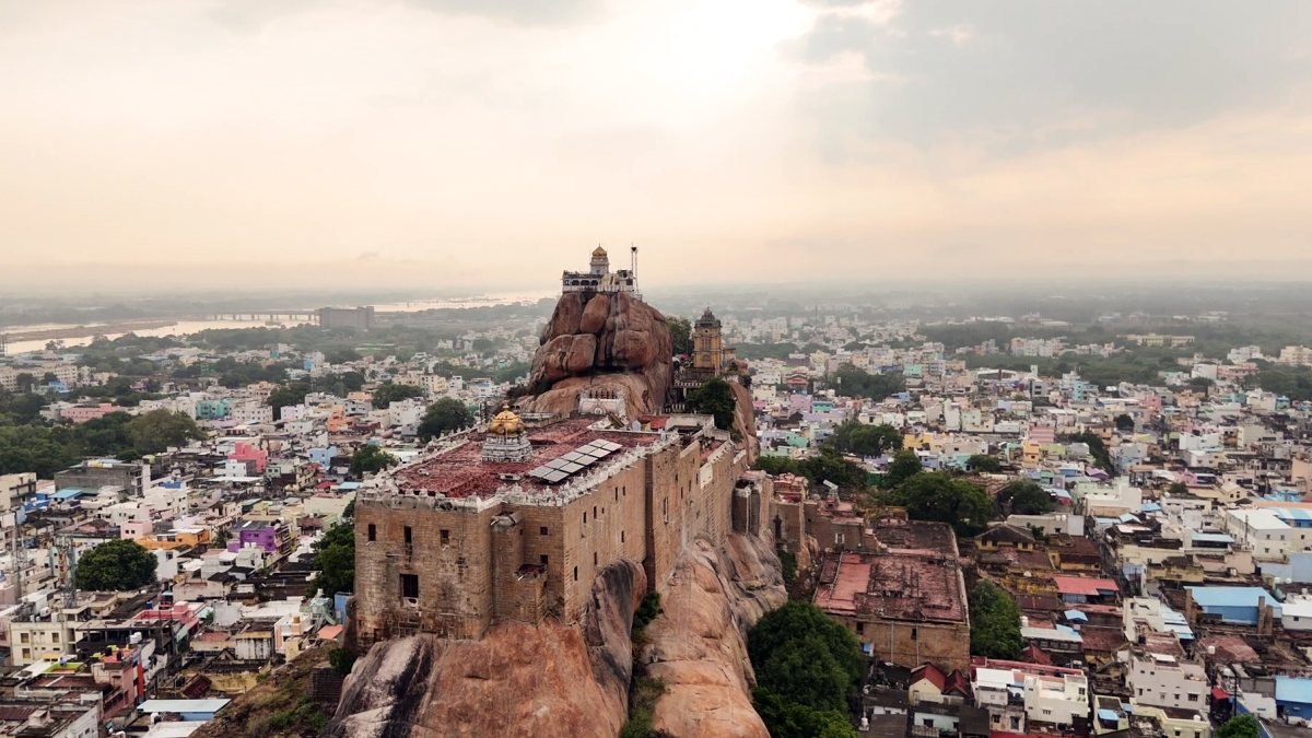Drone view of 7th century Ucchi Pillayar Temple in Trichirappalli