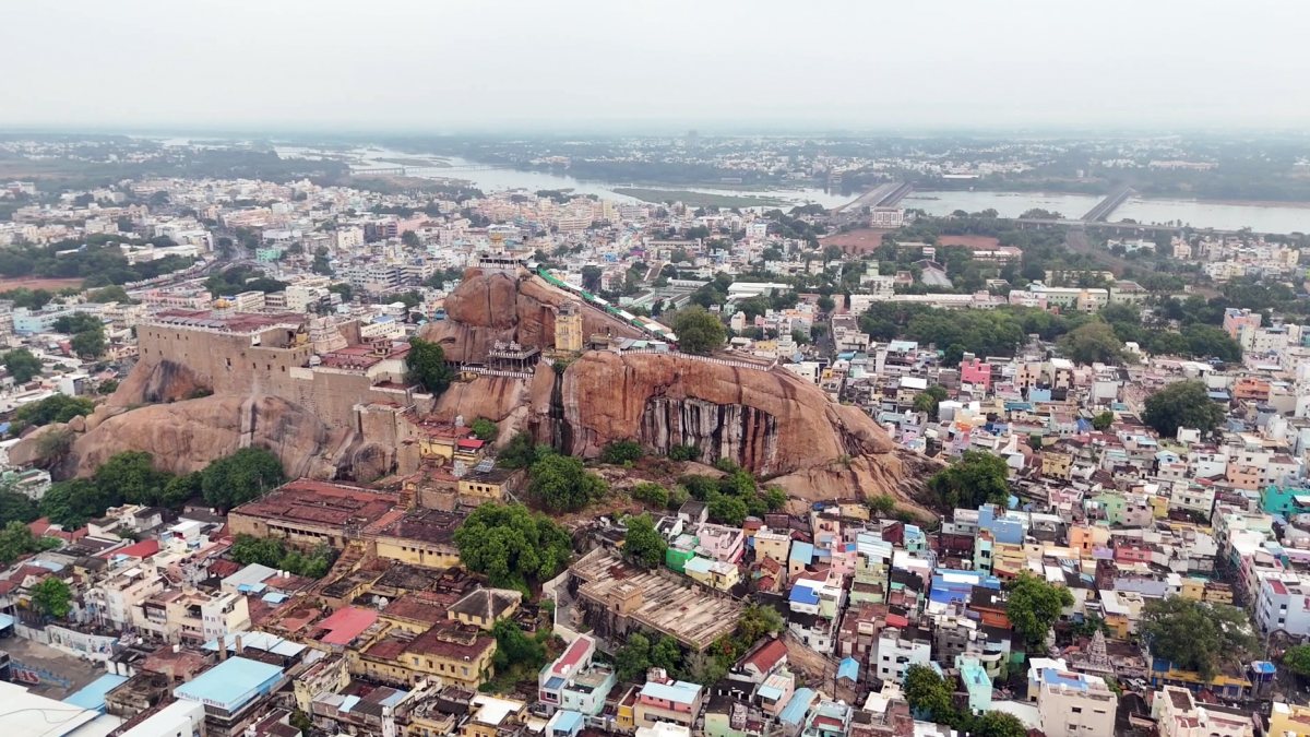 Drone view of 7th century Ucchi Pillayar Temple in Trichirappalli