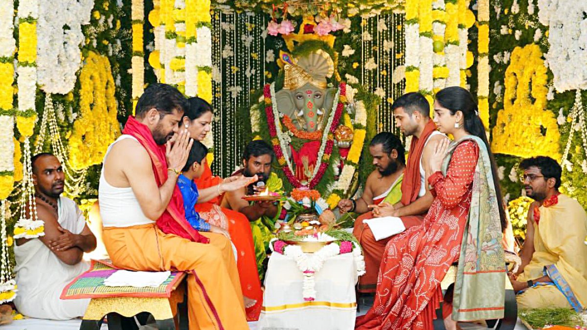 Telangana CM Revanth Reddy joins Ganapati puja with family
