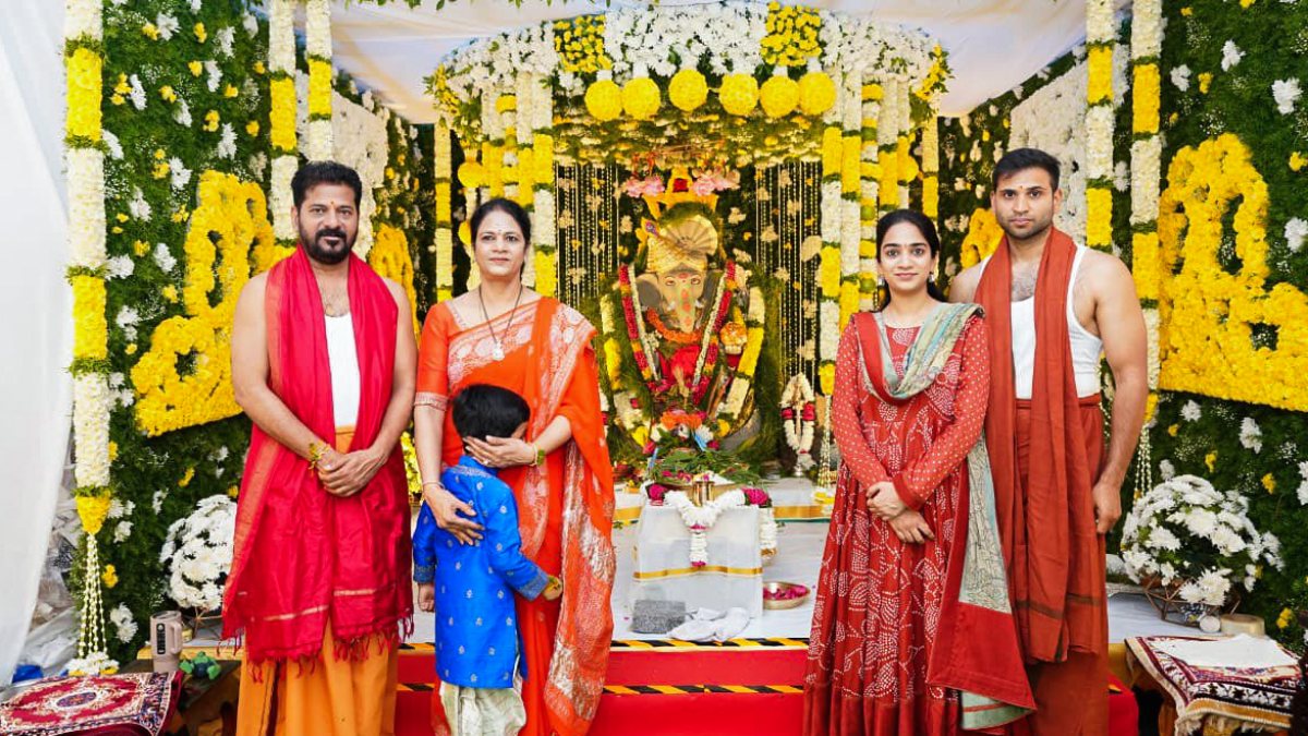 Telangana CM Revanth Reddy celebrates Ganapati puja with family