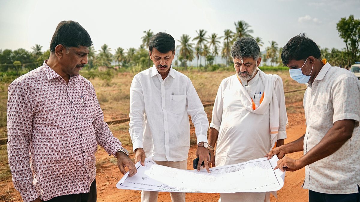 Karnataka CM DK Shivakumar inspects tenement site plan in Ramanagara