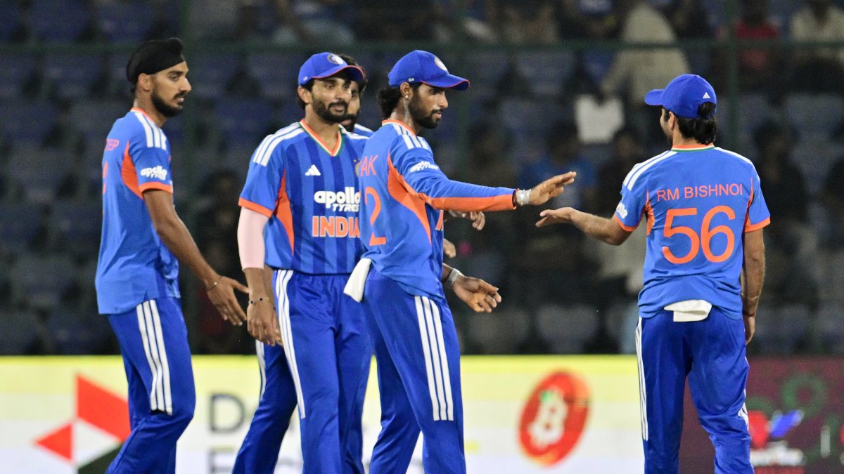 India celebrate Gurbaz wicket in Delhi T20I