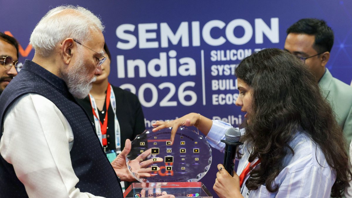 PM Modi listens to participant at SEMICON India 2026 in New Delhi