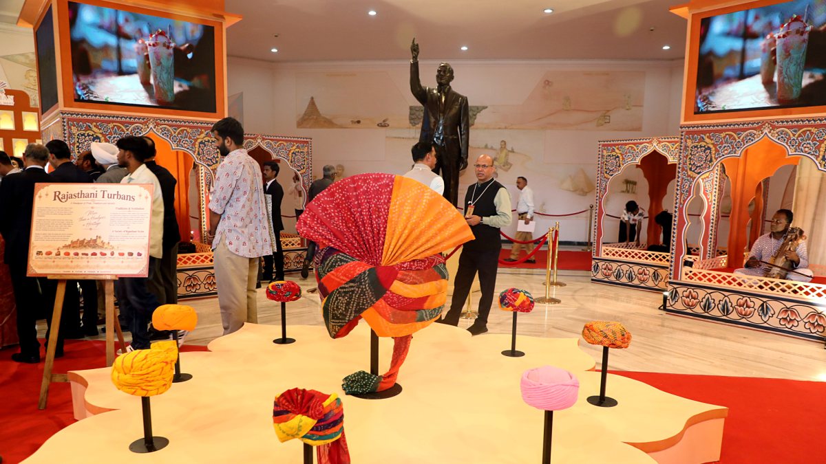 Rajasthani turbans displayed at Jaipur travel mart