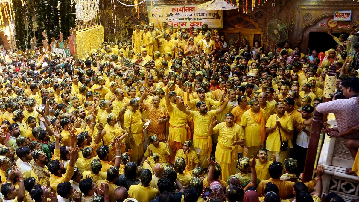 Devotees celebrate Radha Ashtami with curd at Vrindavan temple