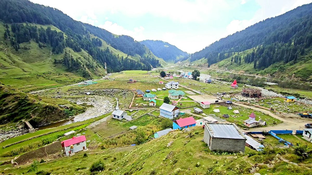 Drone view of structures in Bani Sarthal Valley after road connectivity boost