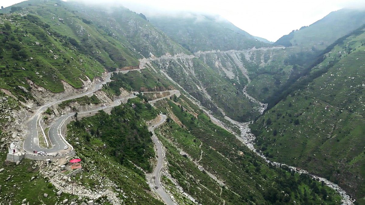 Drone view of Sarthal Valley after improved road connectivity