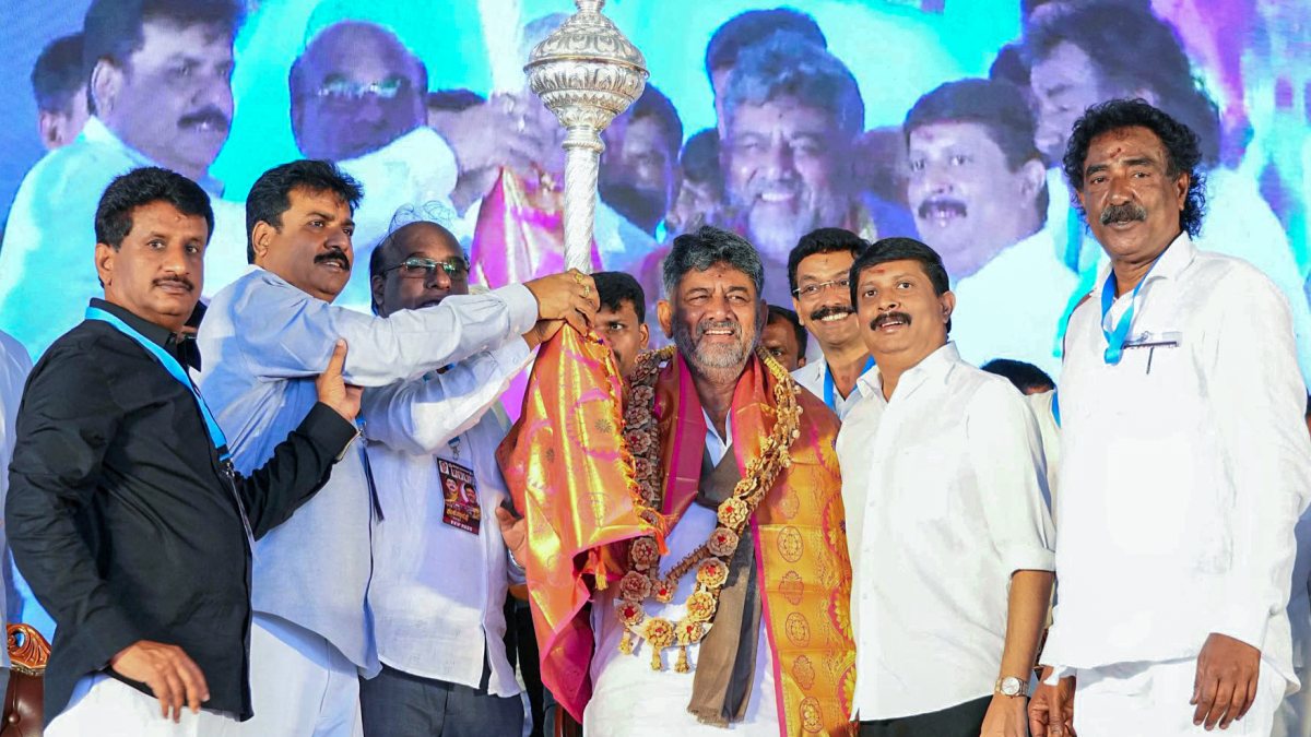 Karnataka CM DK Shivakumar receives silver mace at Bengaluru event