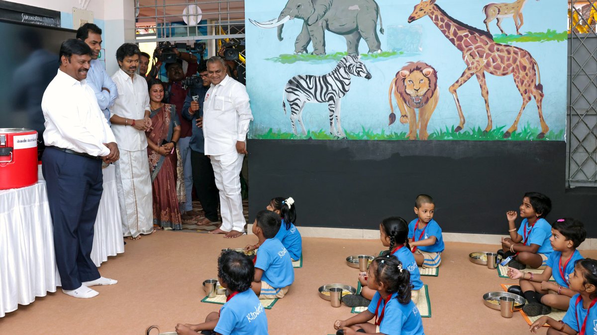 Tamil Nadu CM Vijay interacts with children at school meal scheme launch