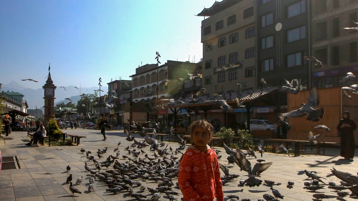 Girl walks among pigeons near Srinagar clock tower