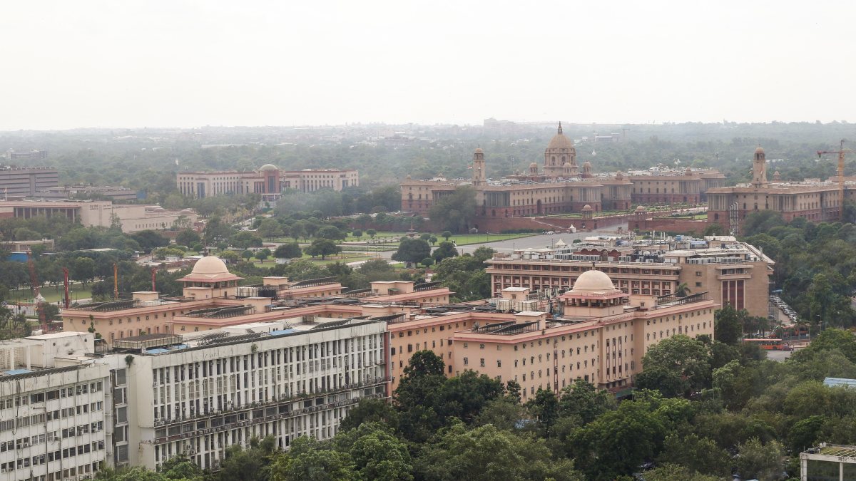 Aerial view of North Block South Block and Rail Bhavan in Lutyens Delhi