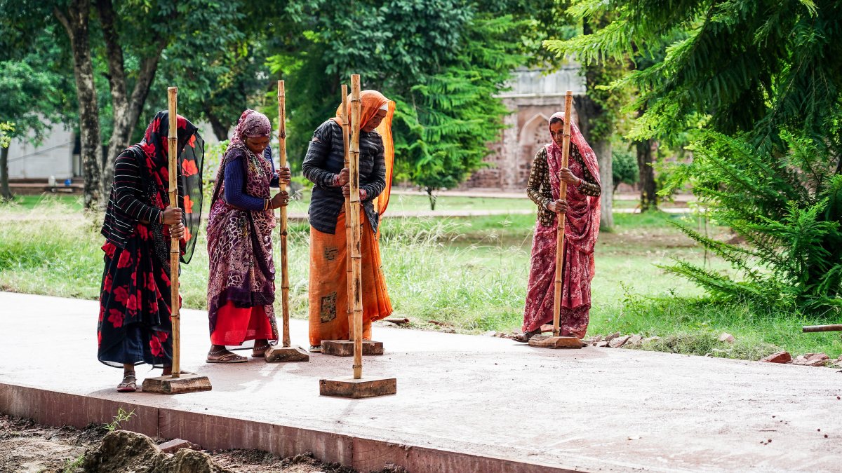 Workers repair walkways at Safdarjung Tomb conservation drive