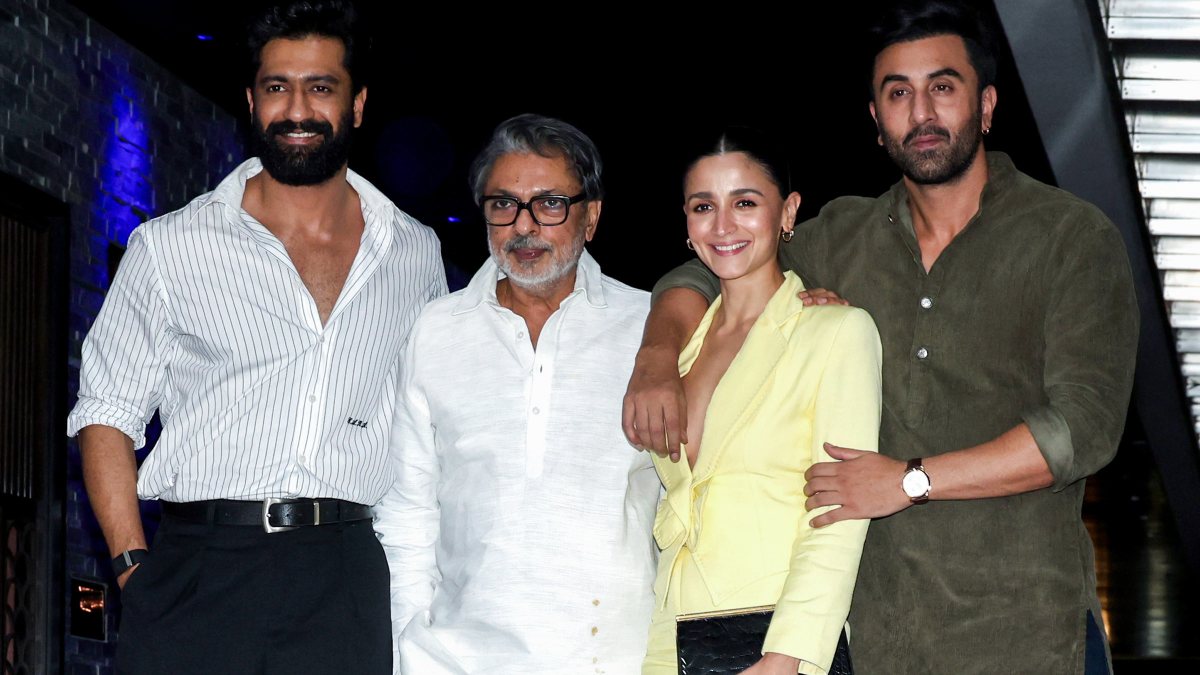 Bhansali Ranbir Alia and Vicky pose together in Mumbai