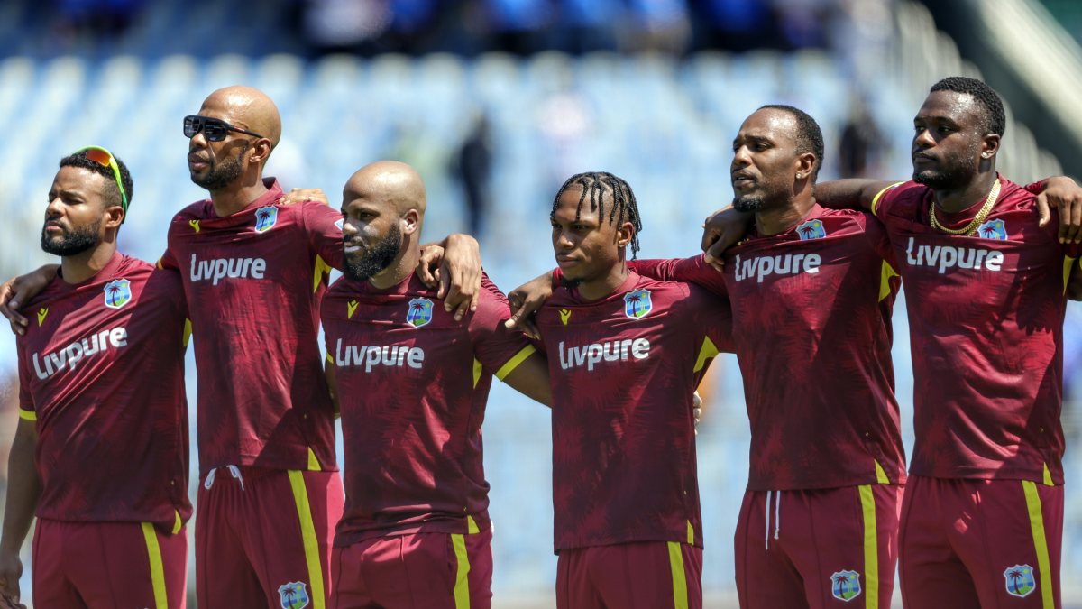 West Indies players stand for national anthem before 1st ODI
