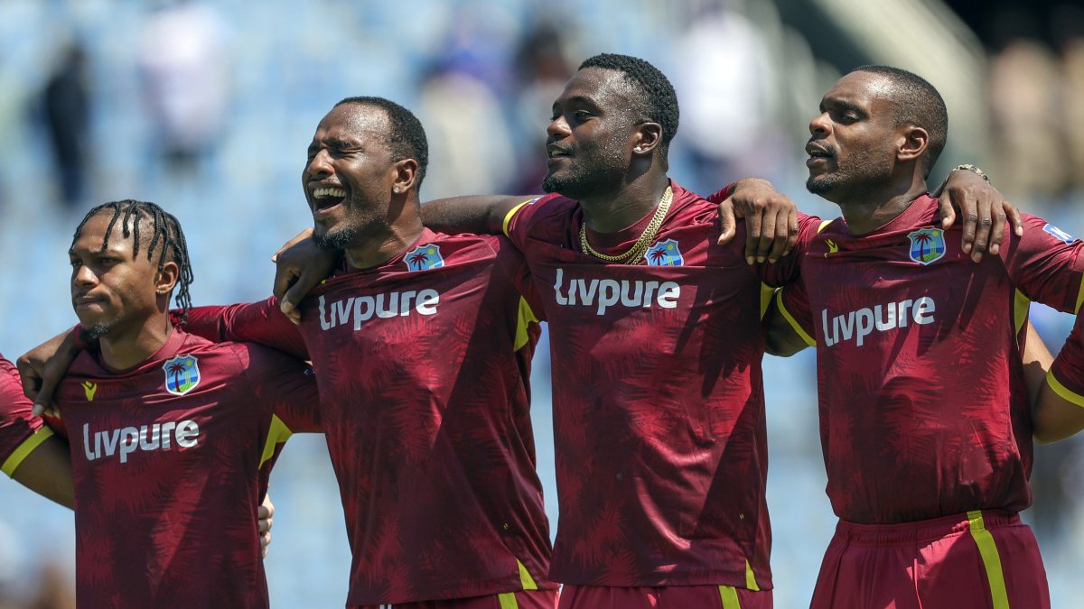 West Indies players stand for national anthem before 1st ODI