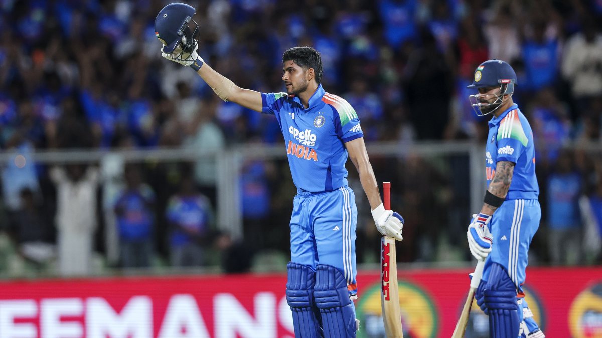Shubman Gill celebrates century in first ODI against West Indies