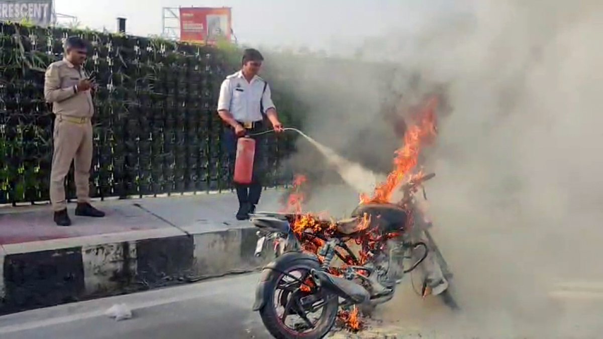 Firefighting underway after bike catches fire in Lucknow