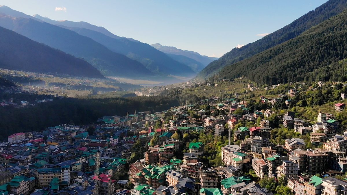 Aerial view of snowy mountains in Manali after fresh snowfall