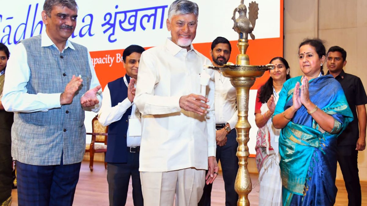 Chandrababu Naidu lights lamp at Mission Karmayogi workshop
