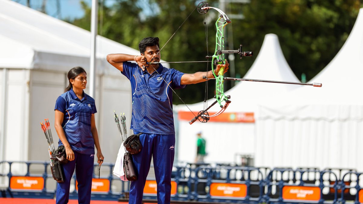 India's Sahil Jadhav competes in mixed compound archery final at Asian Games