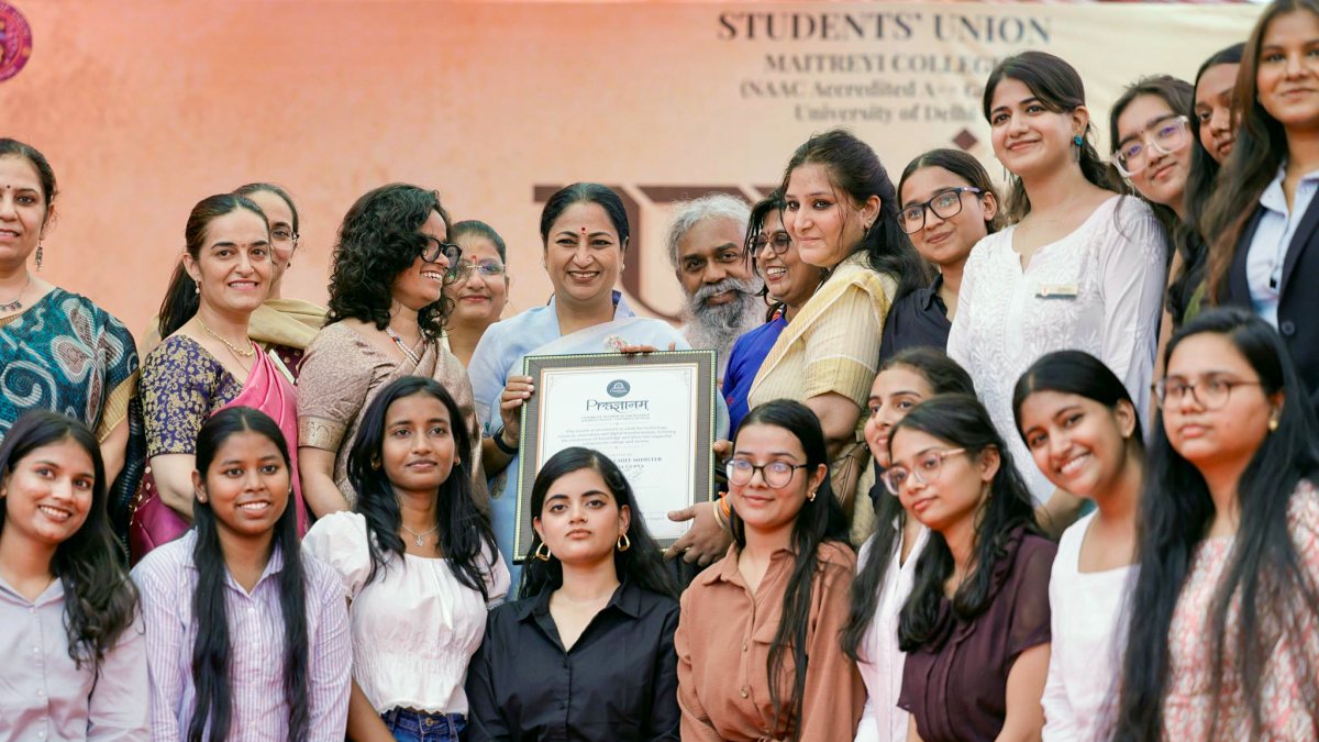 Delhi CM Rekha Gupta joins students at Maitreyi College event