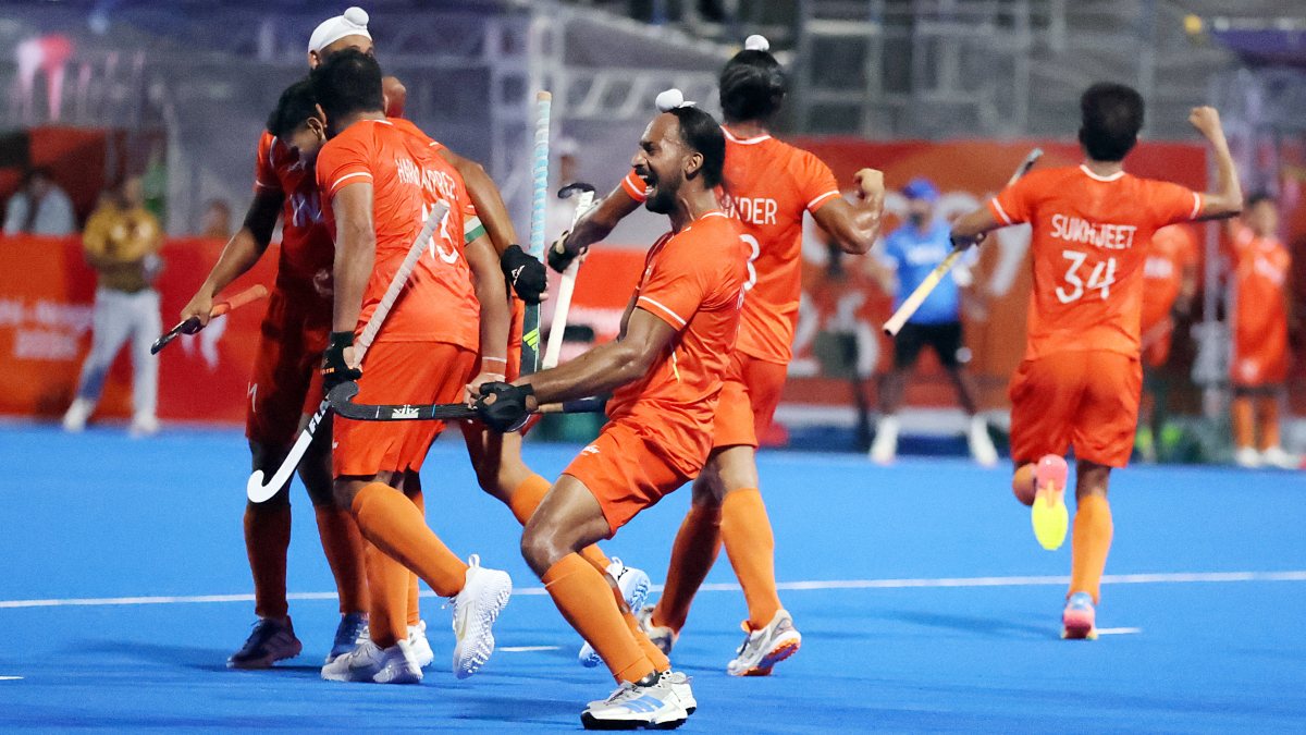 Indian hockey team celebrates goal against Pakistan in Asian Games semifinal