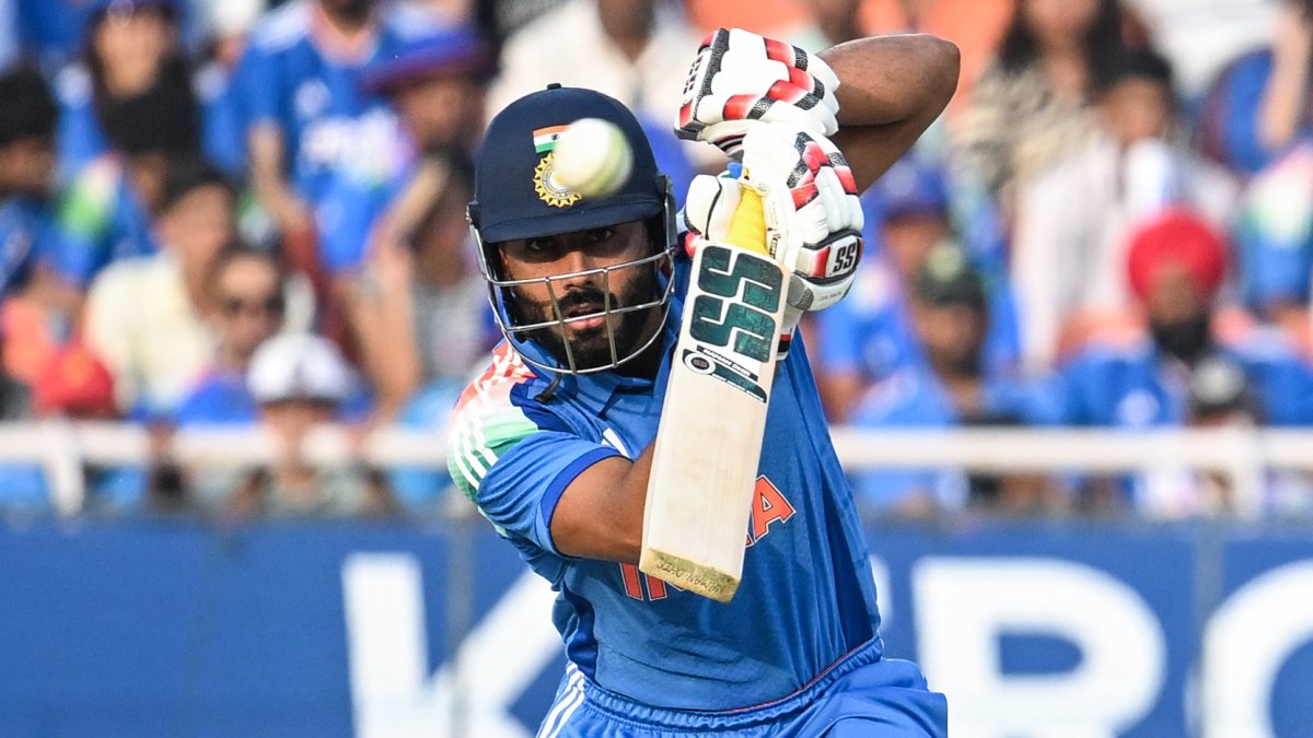 Naman Dhir in action during India vs West Indies 3rd ODI