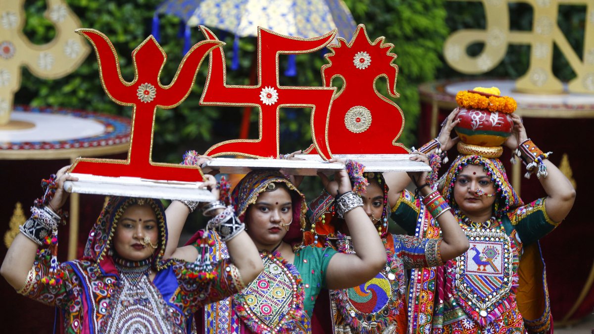 Panghat artists rehearse garba ahead of Navaratri in Ahmedabad