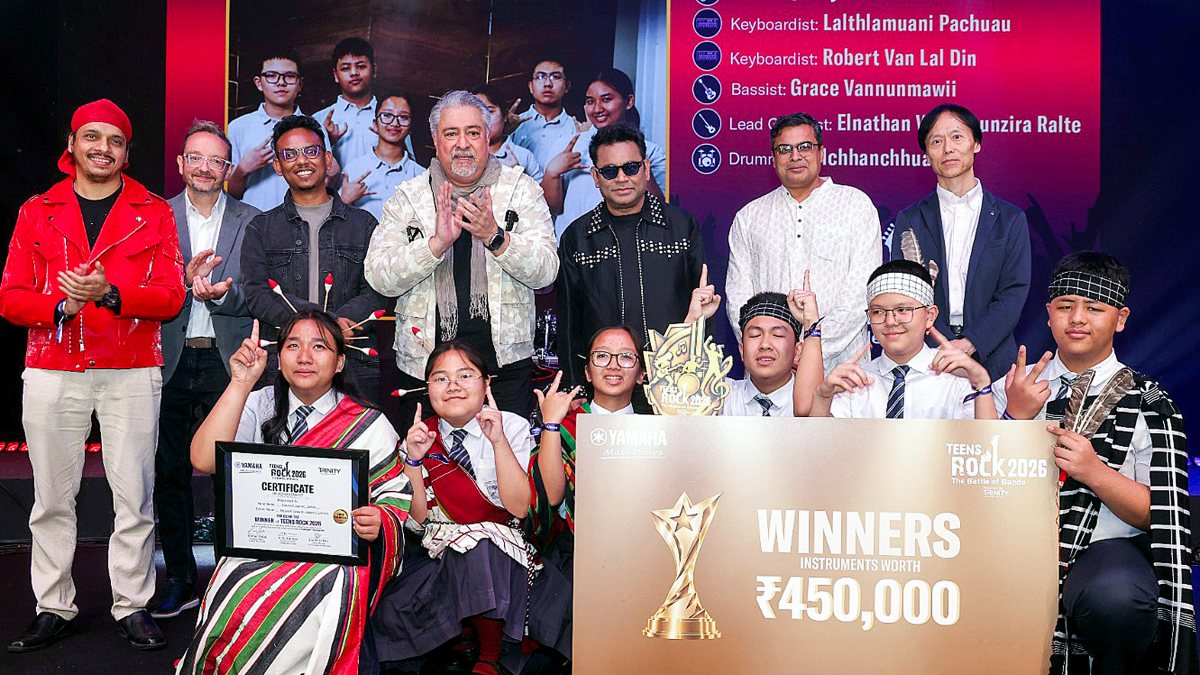 AR Rahman poses with Yamaha Teens Rock 2026 winners
