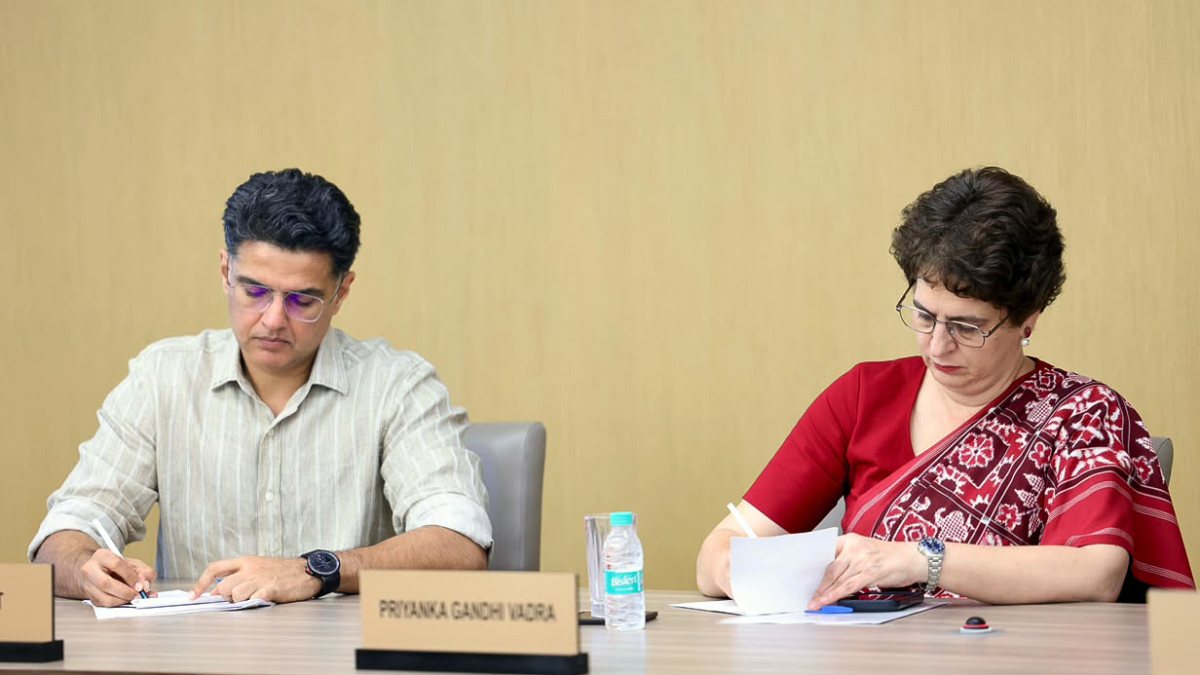 Priyanka Gandhi and Sachin Pilot attend Congress meeting in Delhi
