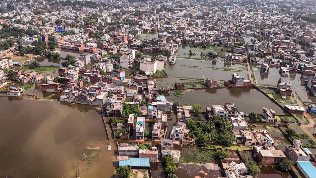 Aerial view of flood-hit Faizullaganj in Lucknow