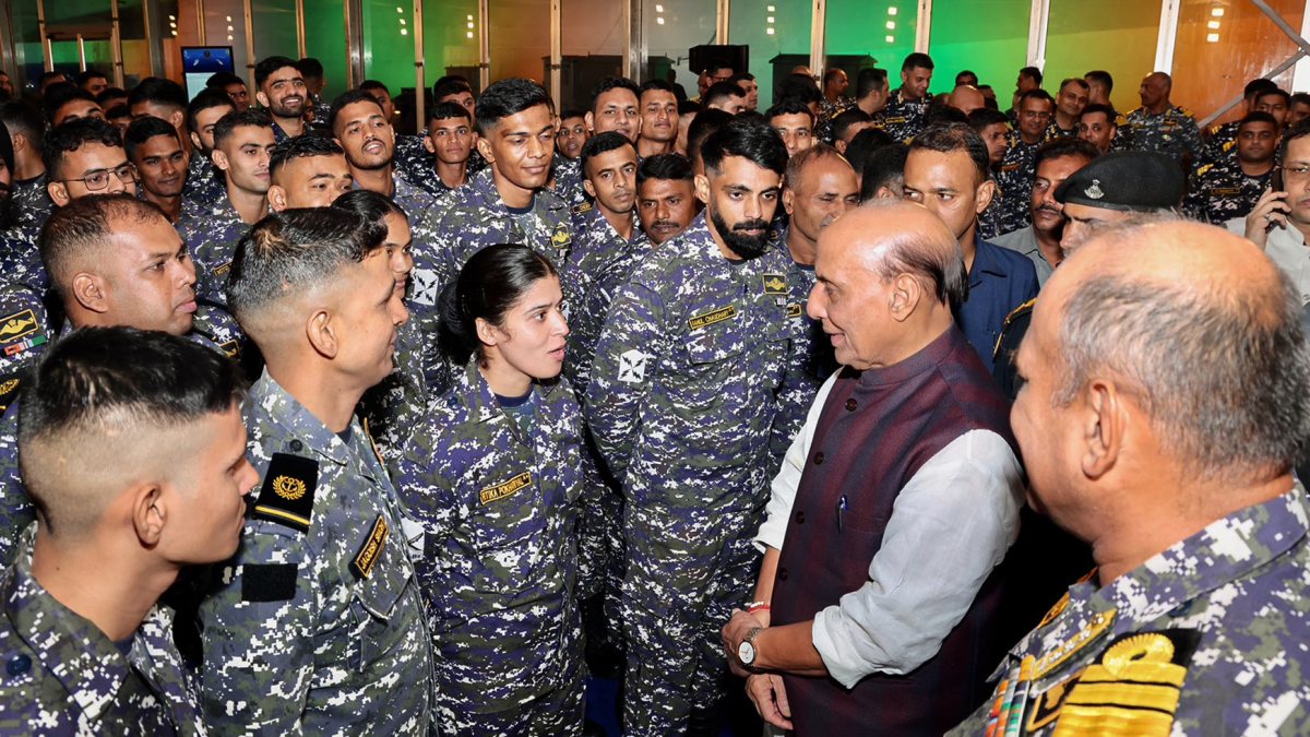 Rajnath Singh interacts with Navy personnel at Badakhana in Visakhapatnam