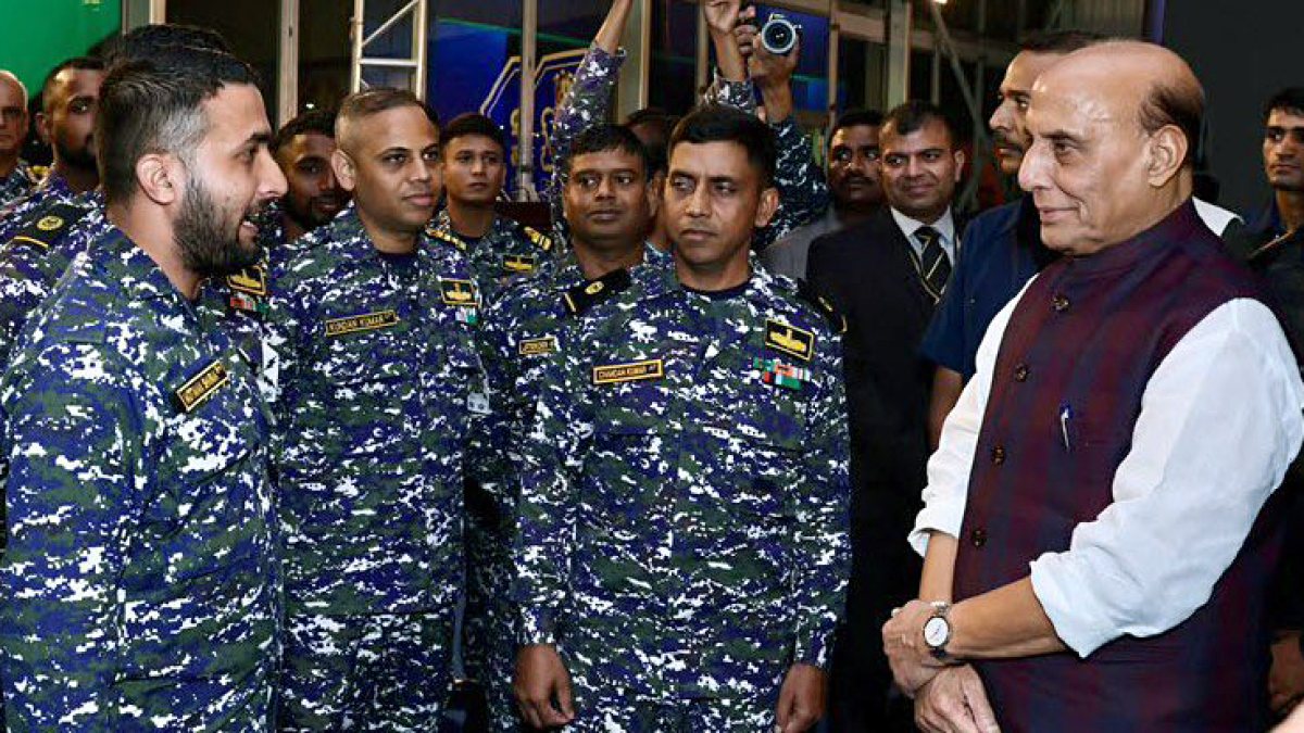 Rajnath Singh interacts with Navy personnel at Eastern Naval Command