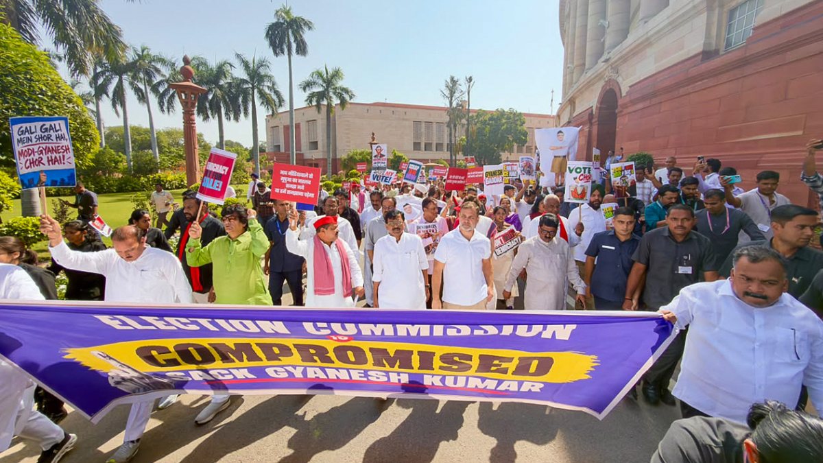 Rahul Gandhi leads INDIA bloc protest over electoral roll