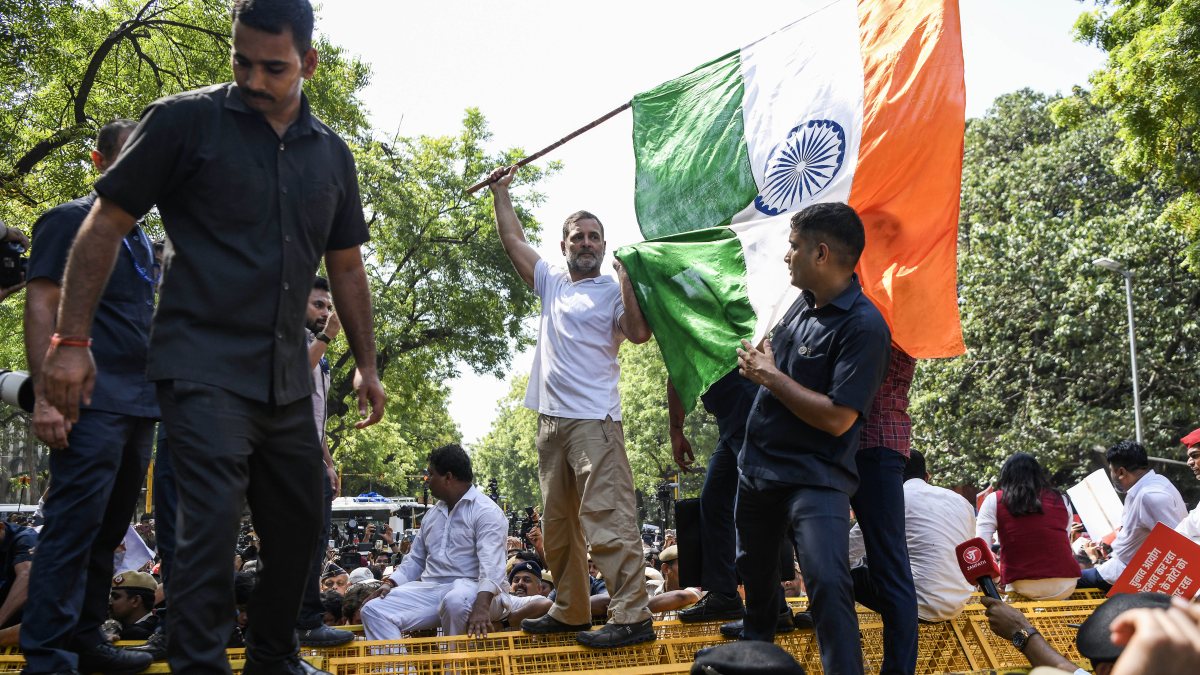 Rahul Gandhi holds tricolour at INDIA bloc protest march in Delhi