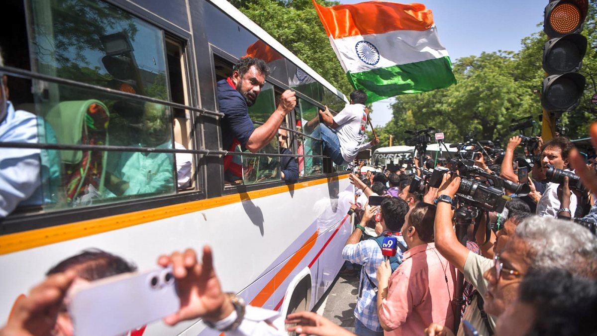 INDIA bloc protesters ride bus in march to election commission
