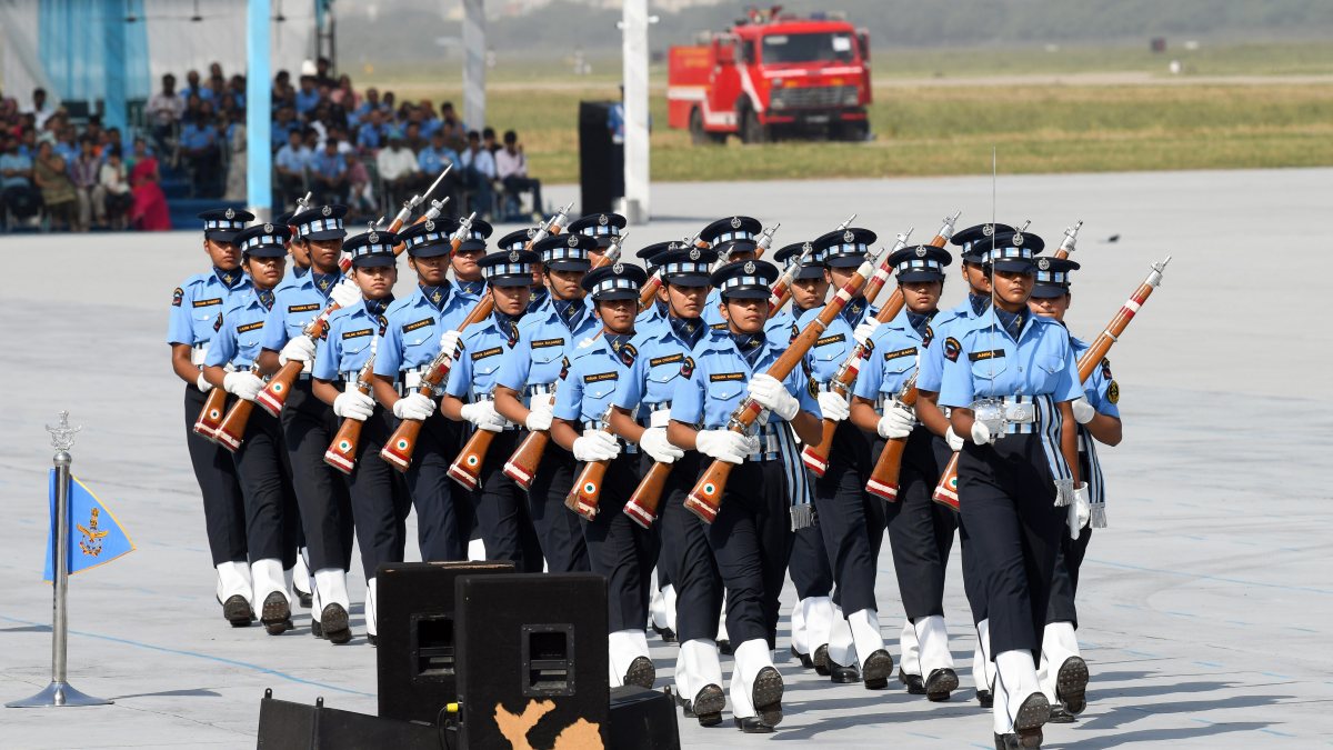 Female IAF personnel march at Air Force Day rehearsal