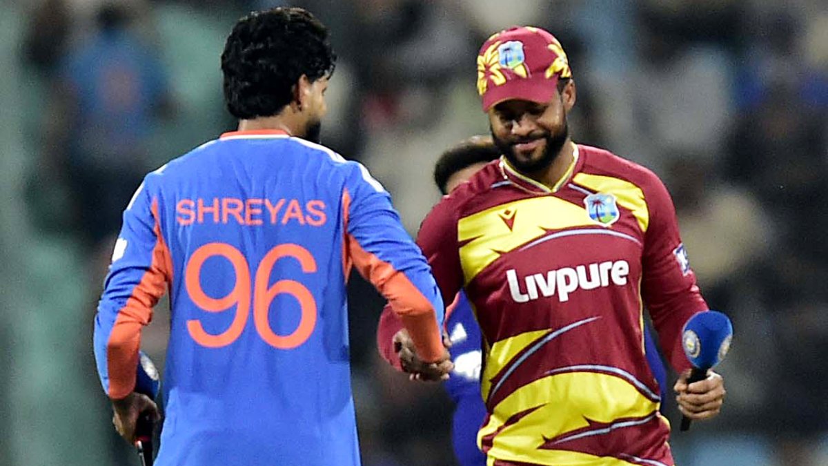 Shreyas Iyer and Shai Hope shake hands at toss for 1st T20I in Lucknow