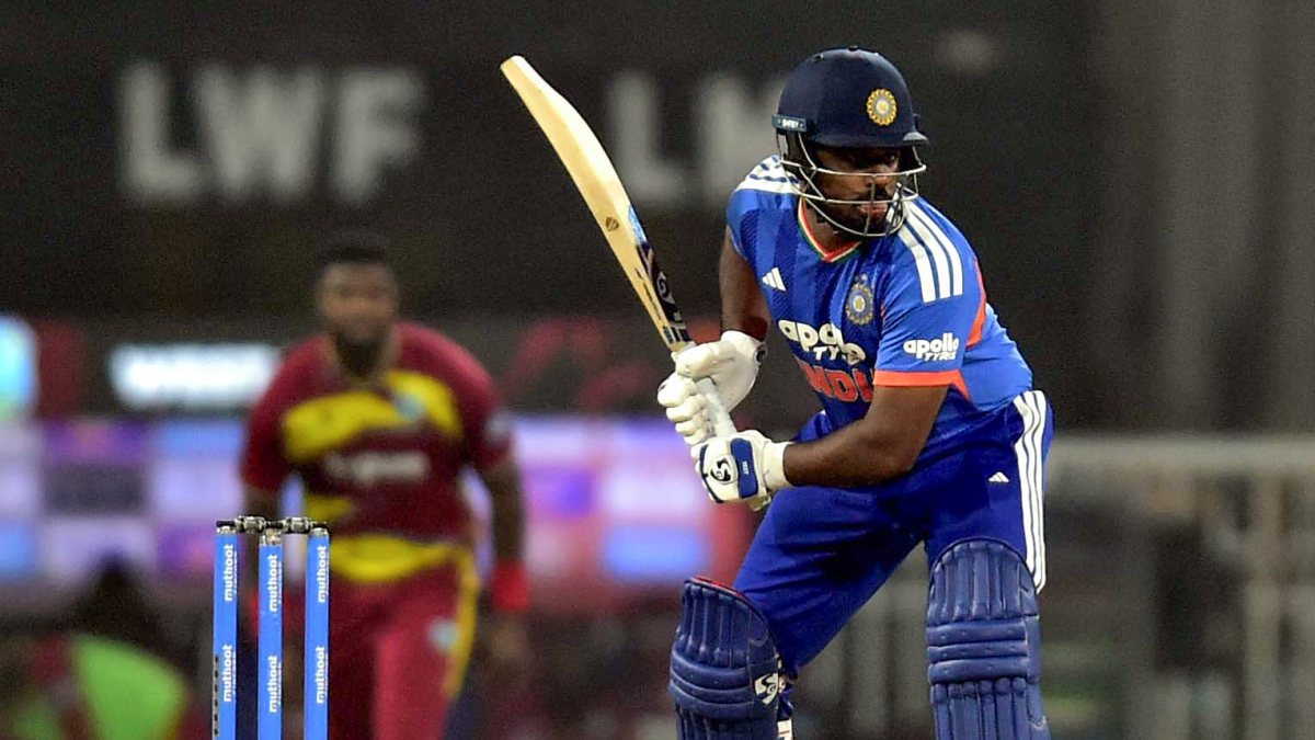 Sanju Samson plays a shot in 1st T20I against West Indies