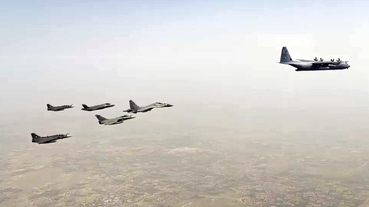 IAF aircraft fly in formation at Tarang Shakti 2026