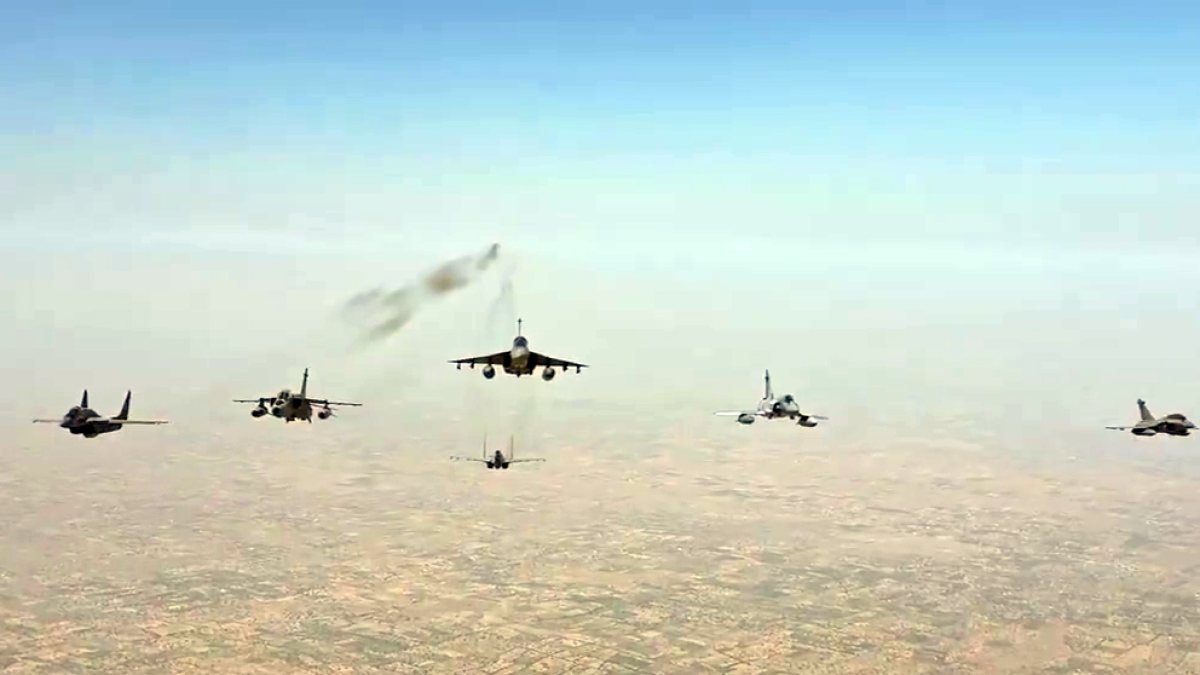 IAF aircraft fly in formation at Exercise Tarang Shakti 2026