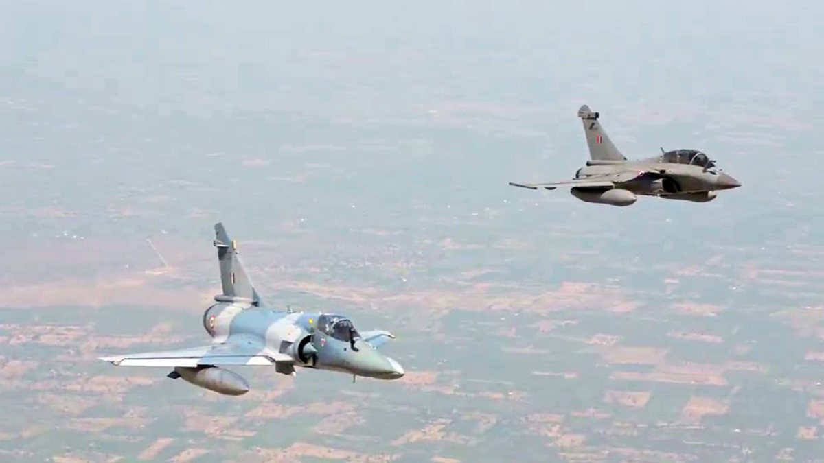 IAF aircraft fly in formation at Exercise Tarang Shakti 2026