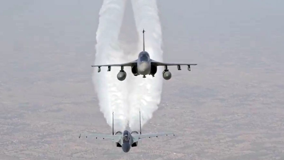 IAF aircraft fly in formation at Exercise Tarang Shakti 2026
