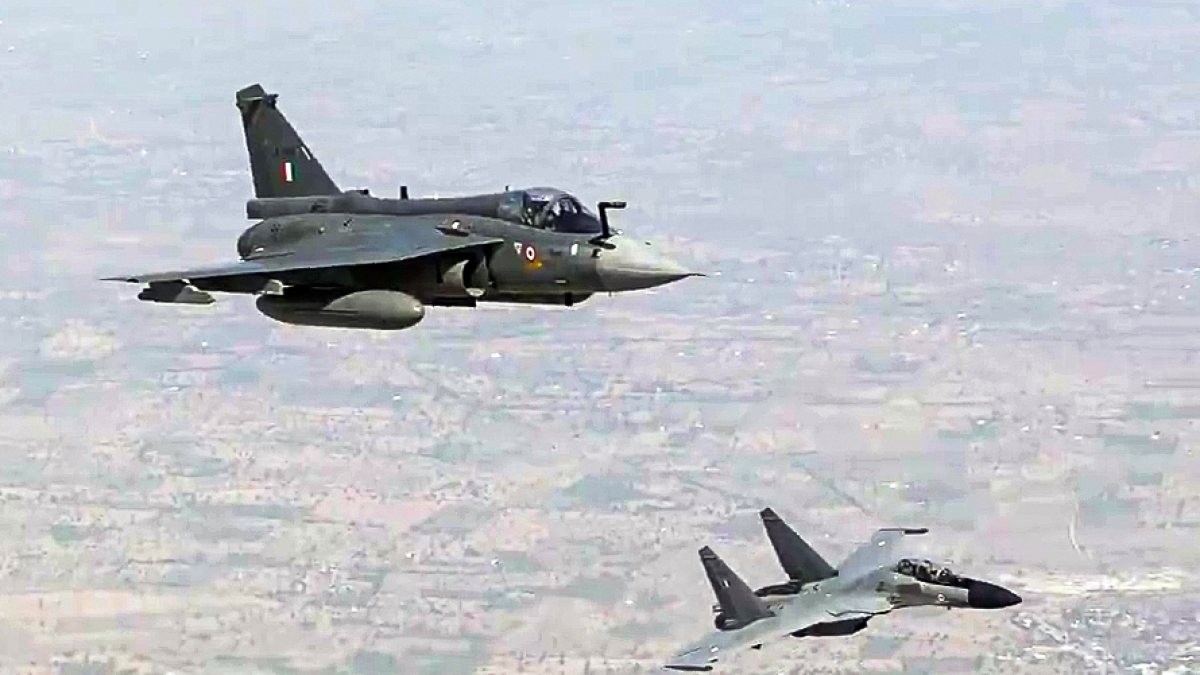 IAF aircraft fly in formation during Exercise Tarang Shakti 2026