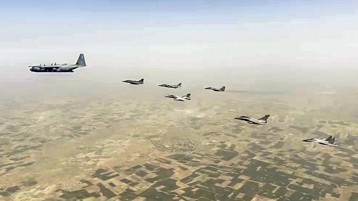 IAF aircraft fly in formation at Exercise Tarang Shakti 2026