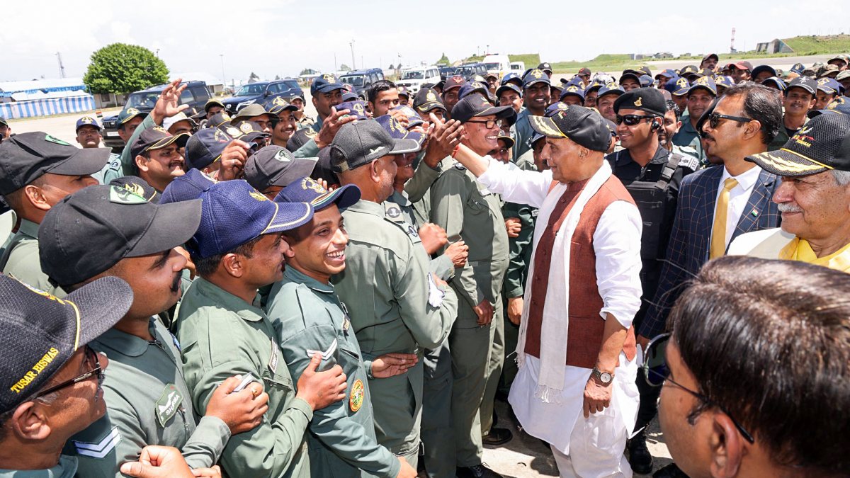 Rajnath Singh interacts with air warriors on Air Force Day