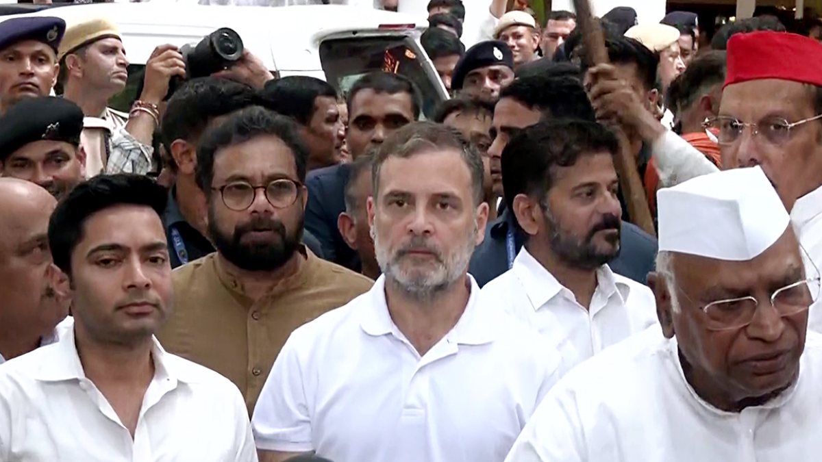 Kharge Rahul Gandhi Abhishek Banerjee join INDIA bloc protest against CEC on day 3