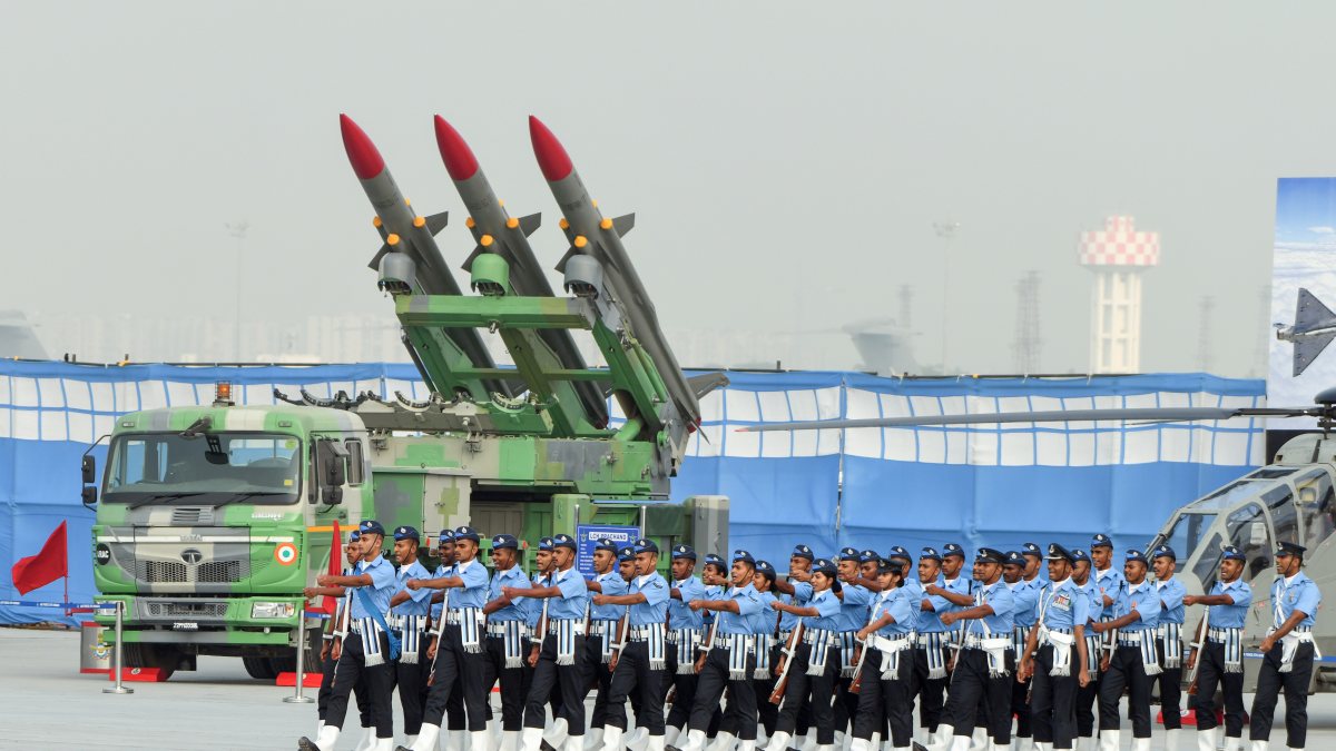 IAF contingent marches past Akash missile at Air Force Day parade