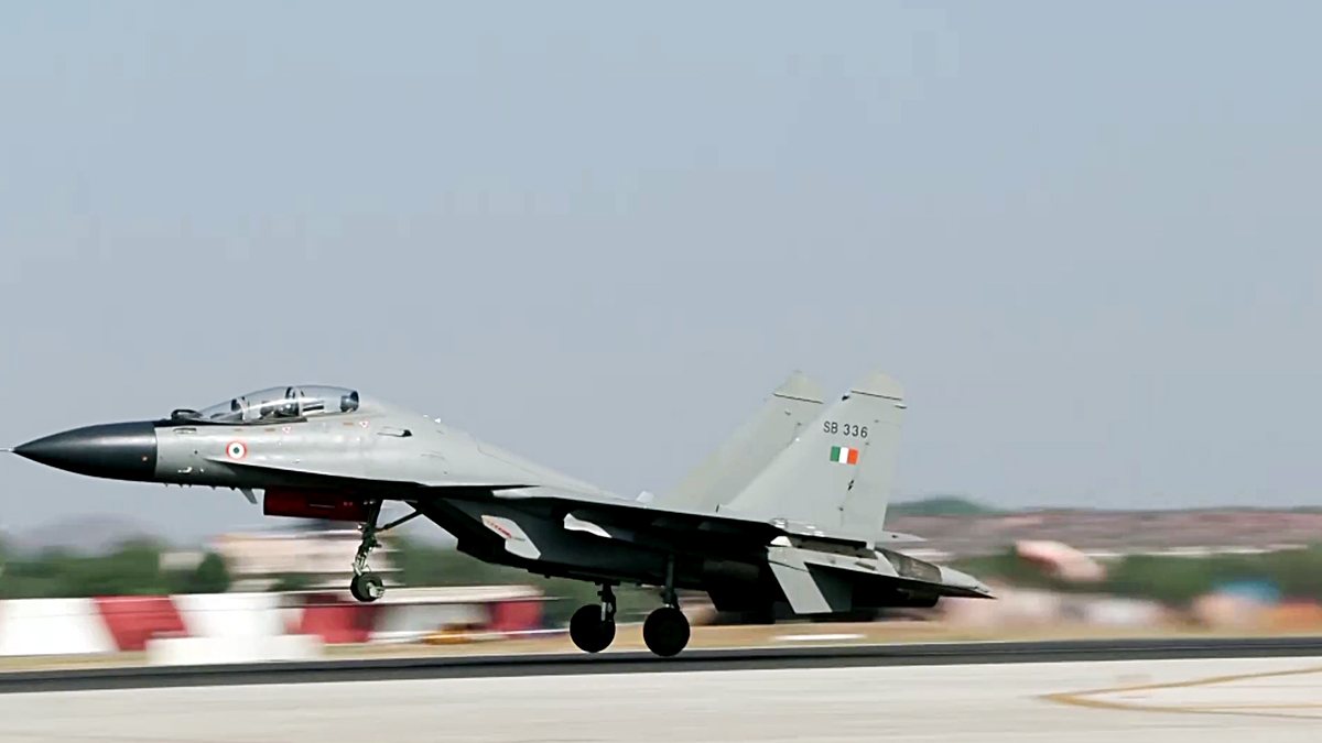Sukhoi Su-30MKI takes off at Tarang Shakti 2026 in Jodhpur